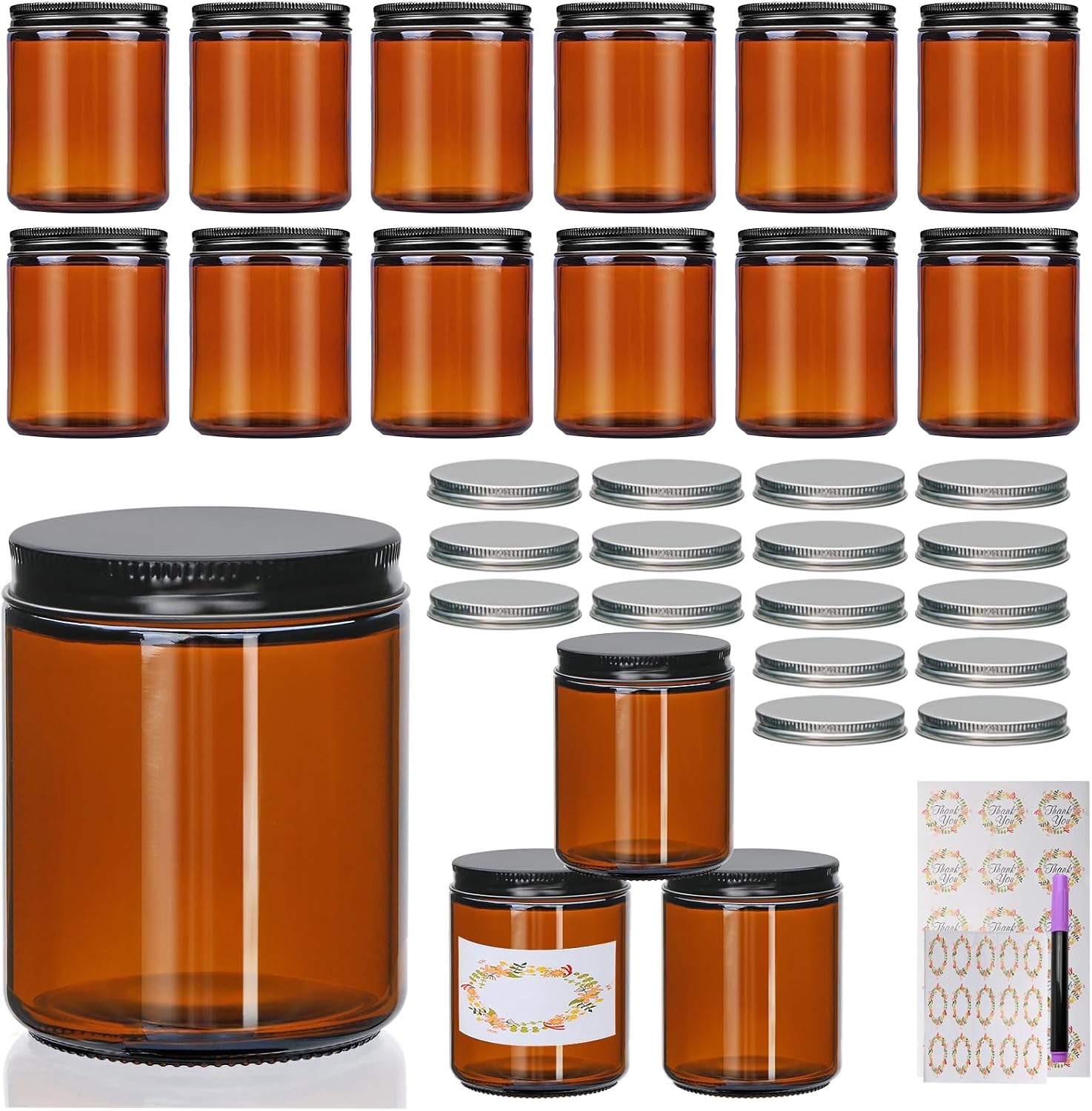 16 Pack Dark Amber Candle Jars, 8 oz Glass Jars with Lids | Amber Glass Jars with Lids, Candle Jars with Silver Lids