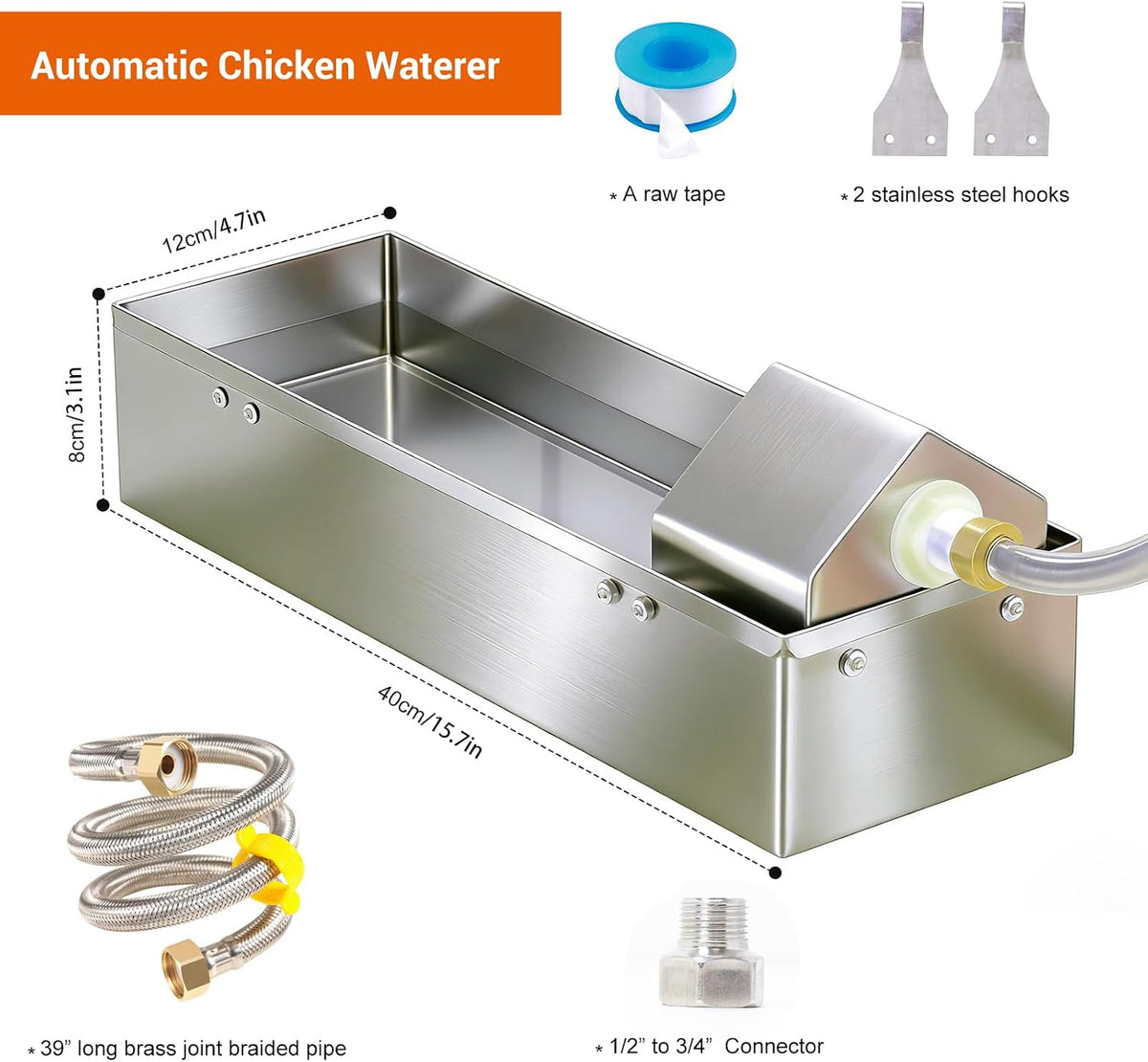 Automatic Chicken Waterer Dispenser 1 Gallon Large Stainless Metal Poultry Waterer Feeder Hanging Chicken Watering
