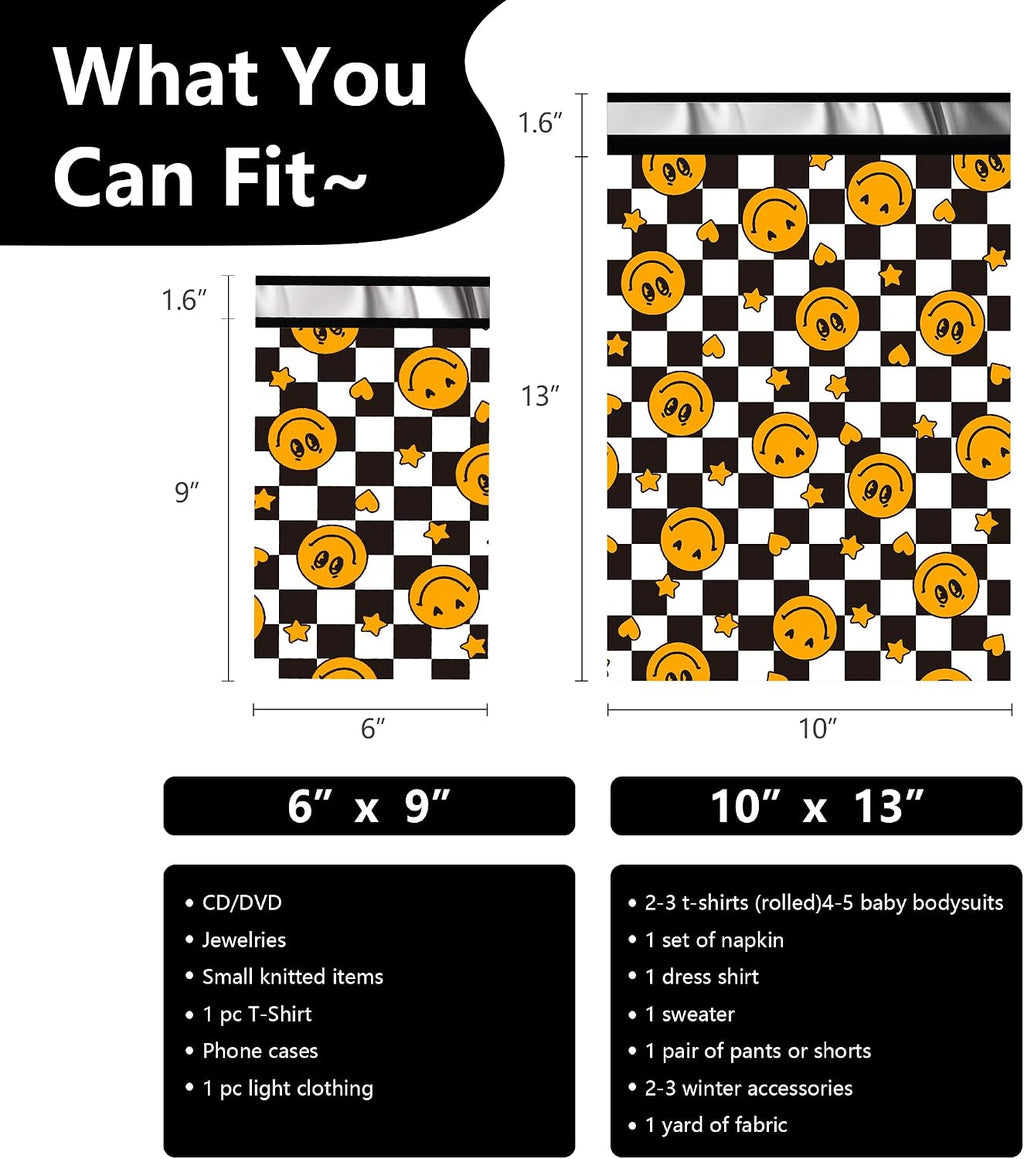 Poly Mailers 6x9 Inch, 100 Pack, Smiley Checkered Shipping Bags