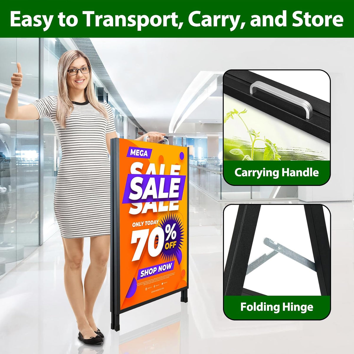 A Frame Sidewalk Sign 24 x 36 Inch Outdoor, Double-Sided Folding Sandwich Board with Handle, Heavy Duty Metal