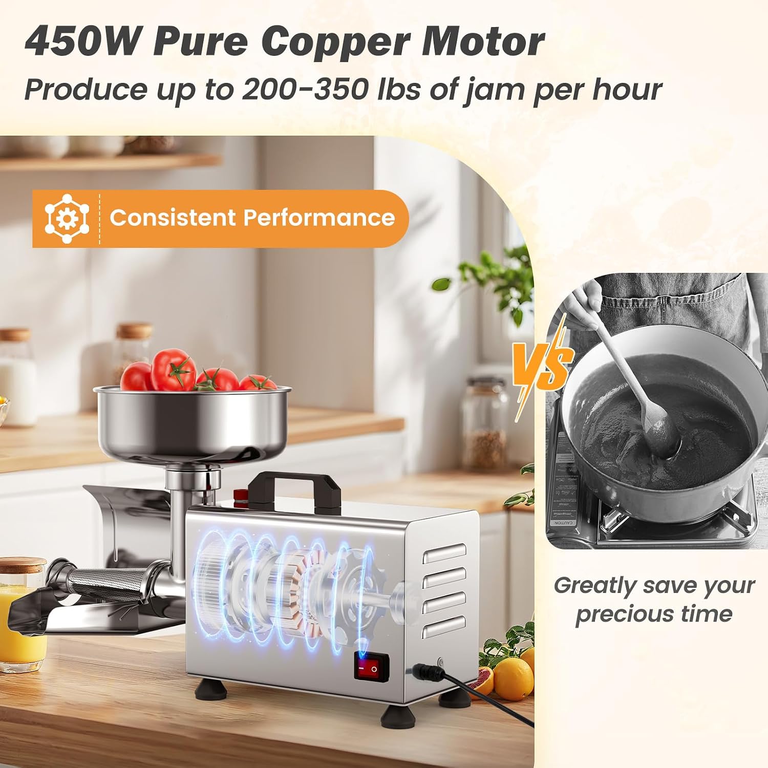 450W Electric Tomato Strainer Machine, 110-120V Commercial Grade Stainless Steel Saucer Maker, 200-350 lbs/h Food