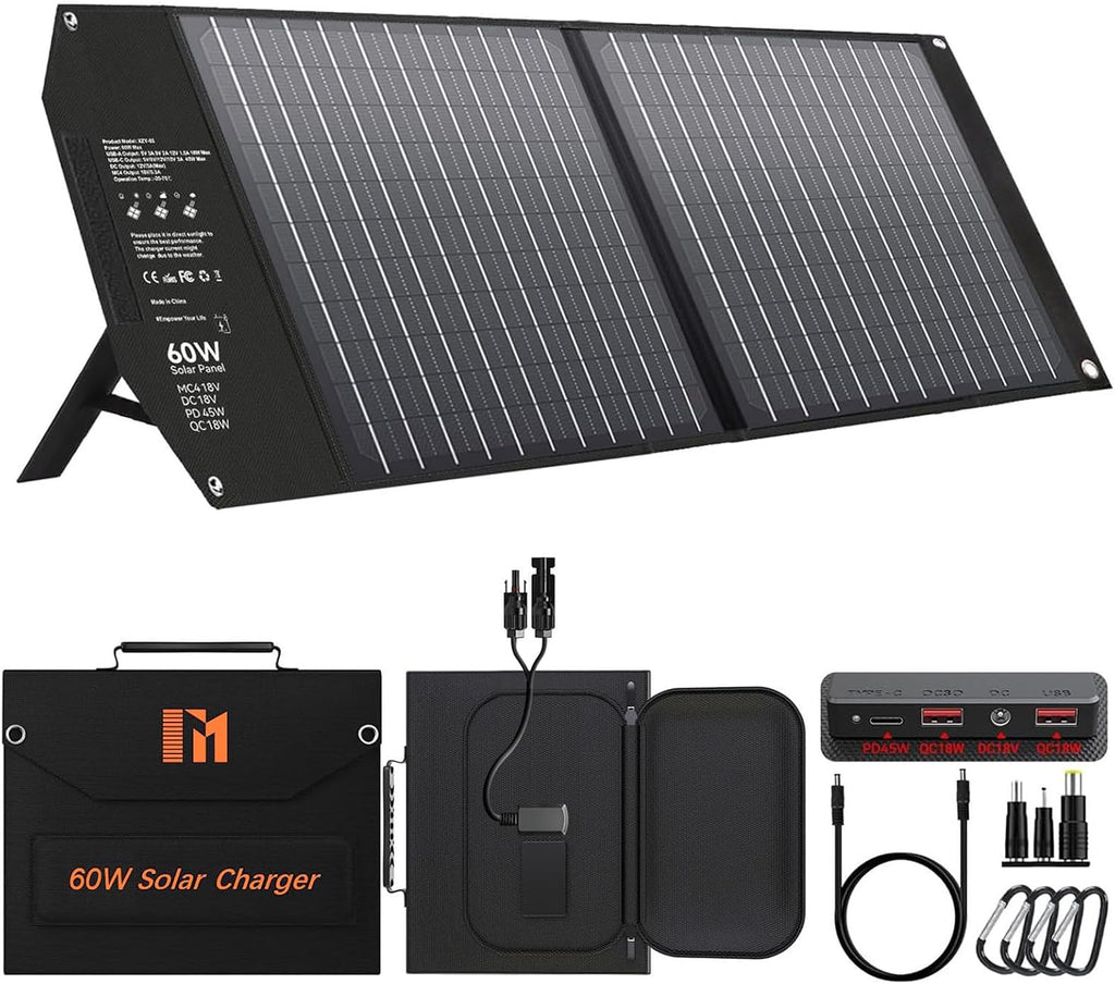 60W Portable Foldable Solar Panels Charger with USB-C USB-A MC4 DC | Fast Charging, USB-C PD3.0, USB-A QC3.0, 18V DC