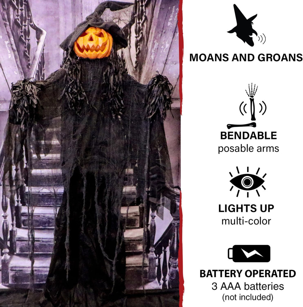 Life-Size Scary Poseable Pumpkin Witch, Halloween Prop with Touch Activated Lights and Sound, Battery Operated Indoor