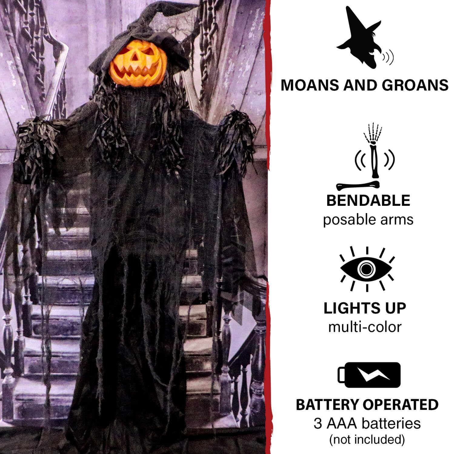Life-Size Scary Poseable Pumpkin Witch, Halloween Prop with Touch Activated Lights and Sound, Battery Operated Indoor