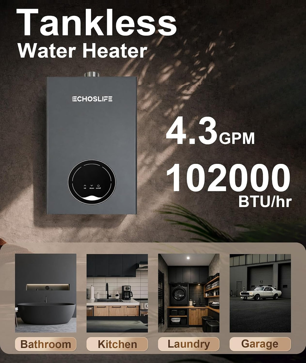 Tankless Water Heater Propane Up to 4.3 GPM, 102,000 BTU | LED Temperature Display; Energy and Space Save; On Demand
