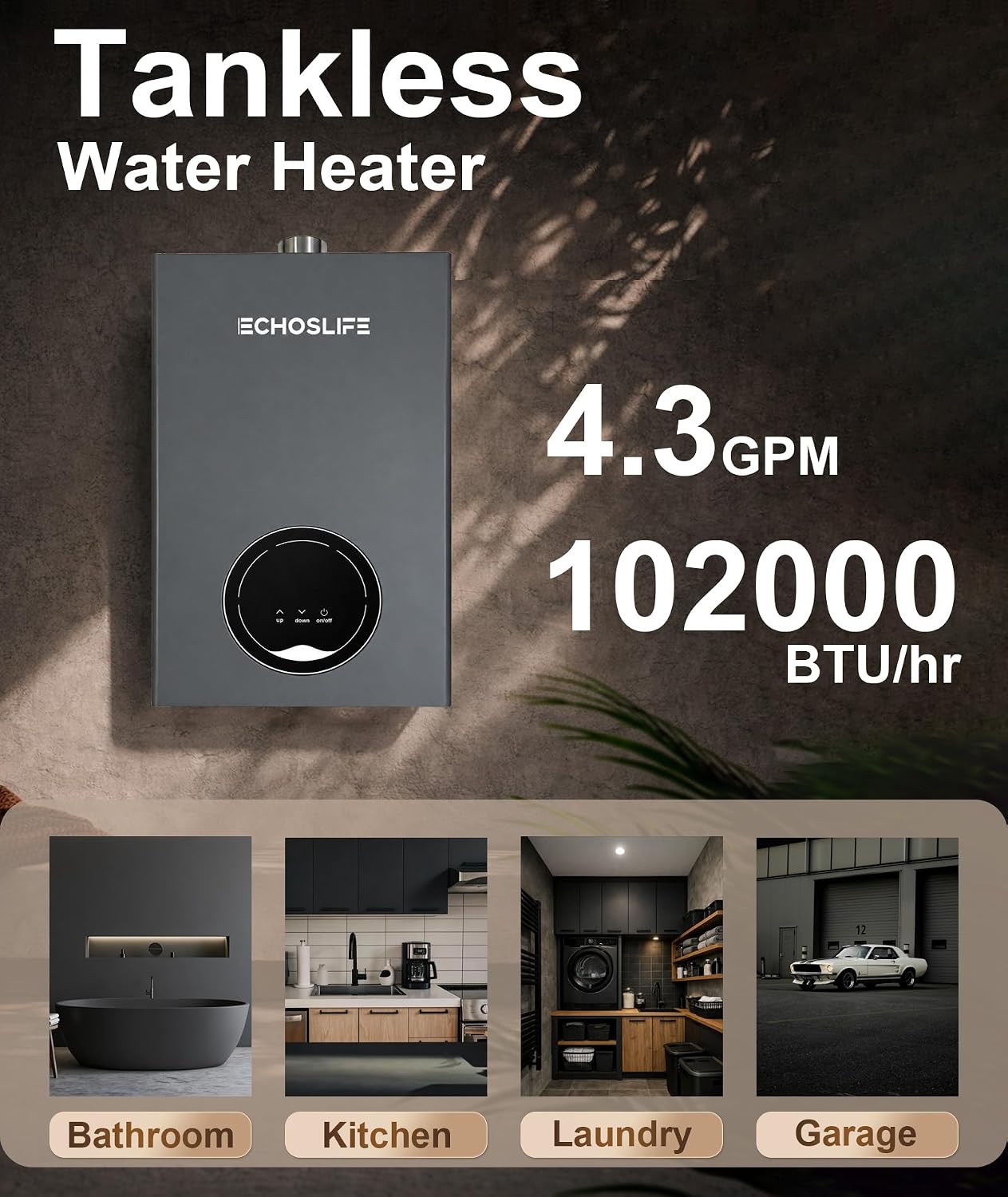 Tankless Water Heater Propane Up to 4.3 GPM, 102,000 BTU | LED Temperature Display; Energy and Space Save; On Demand