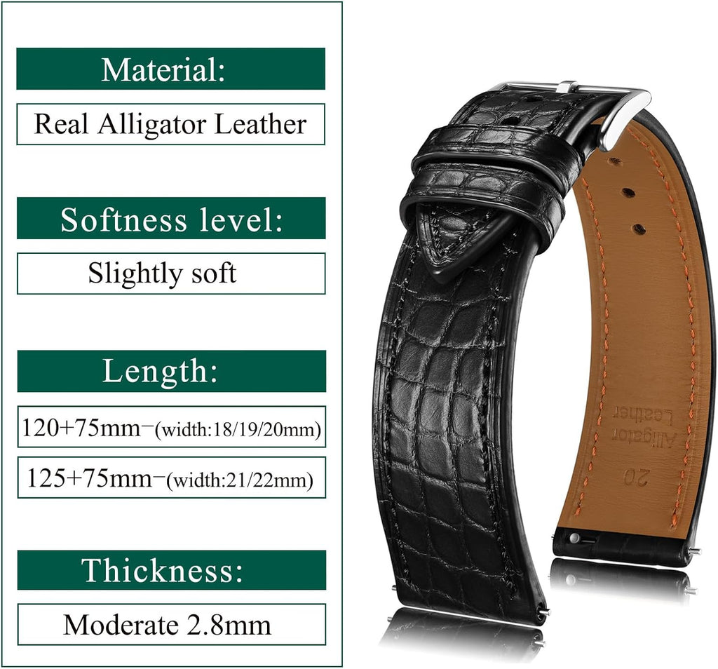 Genuine Alligator Leather Watch Band, Crocodile Grain Strap with Quick Release, Replacement Watch Strap for Men and
