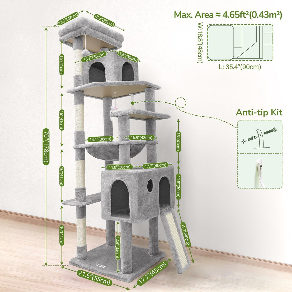 Heavy Duty Cat Tree, 70 inch Sturdy Cat Tree for Indoor Cats Extra Large Cat Tower with Scratching Post, Hammock, Cat