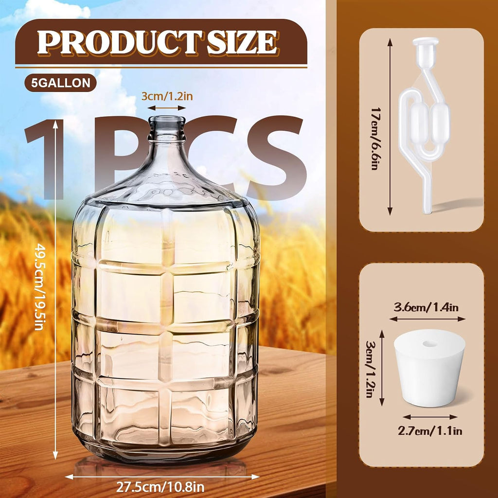 5 Gallon Glass Carboy Set, 5 Gallon Glass Water Jug with Drilled & Undrilled Rubber Stoppers, Bubble Airlock, Handle