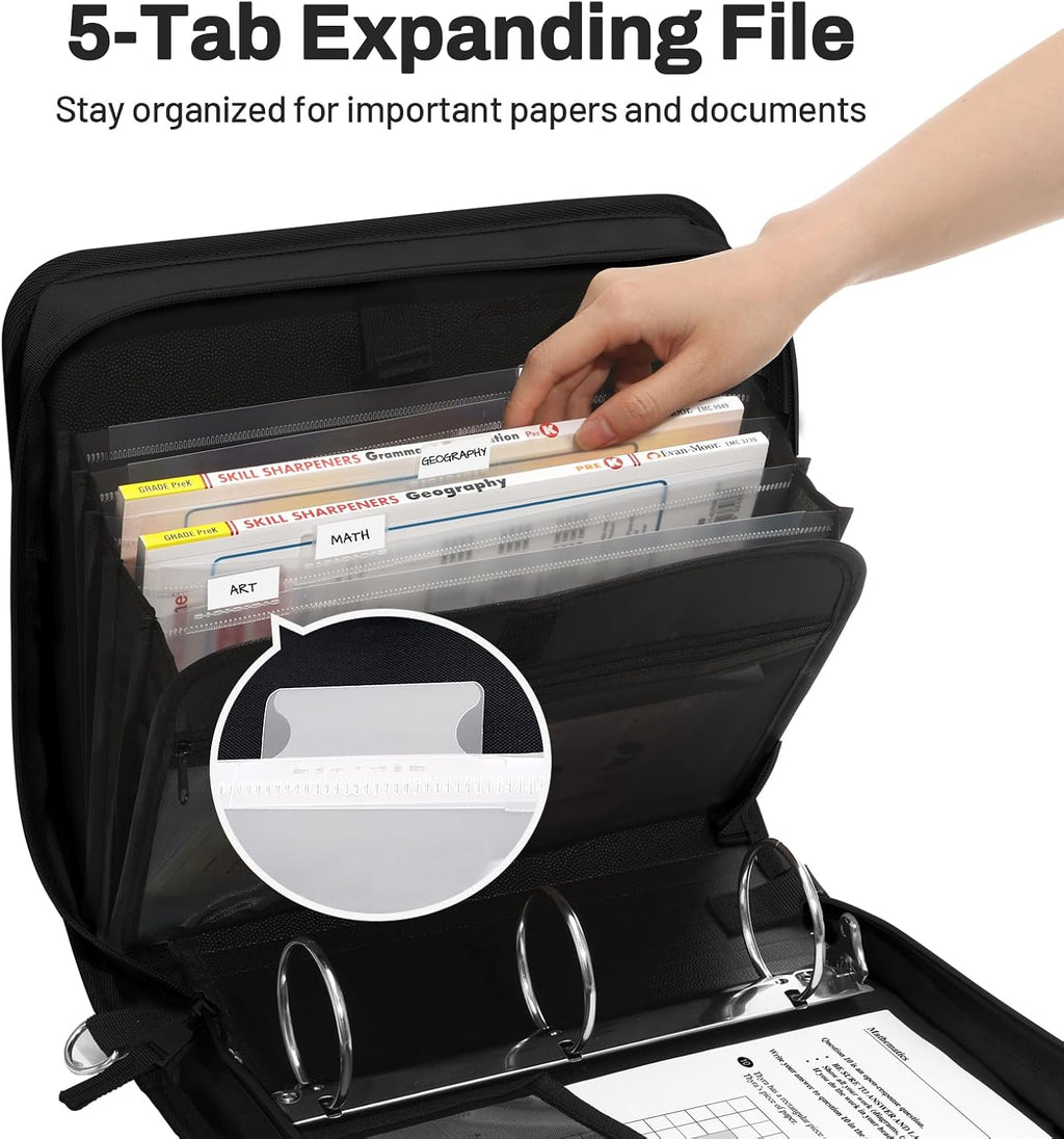 Zipper Binder 3 Ring, 3 Inch O-Ring with Handle and Shoulder Strap, 600-Sheet Capacity, 5-Tab Expanding File Folder