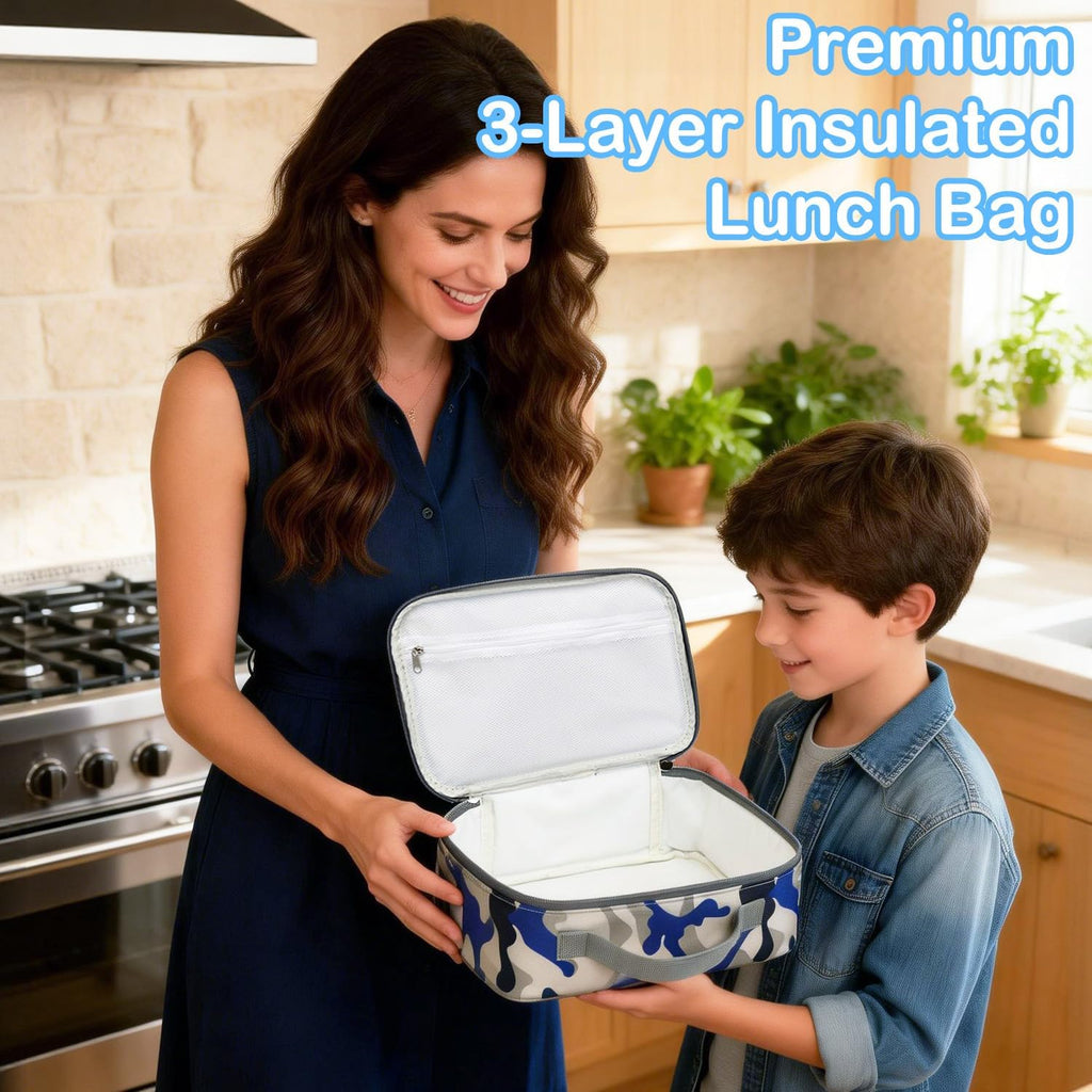 Kids Lunch box Insulated Soft Bag Mini Cooler Back to School Thermal Meal Tote Kit for Girls, Boys,Blue Camo