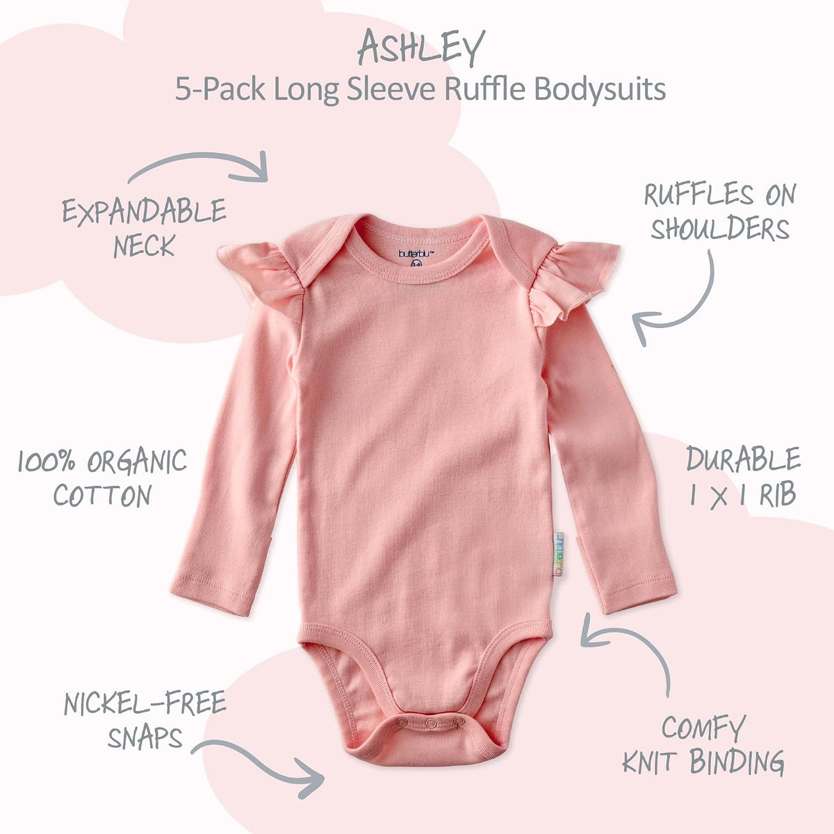 Ashley 5-Pack Long Sleeve Ruffle Shoulder Bodysuits 100% Cotton