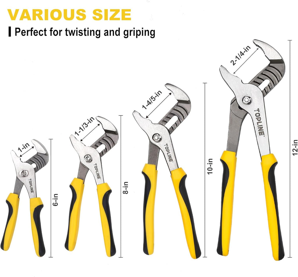 4-piece Groove Joint Pliers Set with Bi-Material Handles, Tongue and Groove Pliers Set Included 12-in, 10-in, 8-in