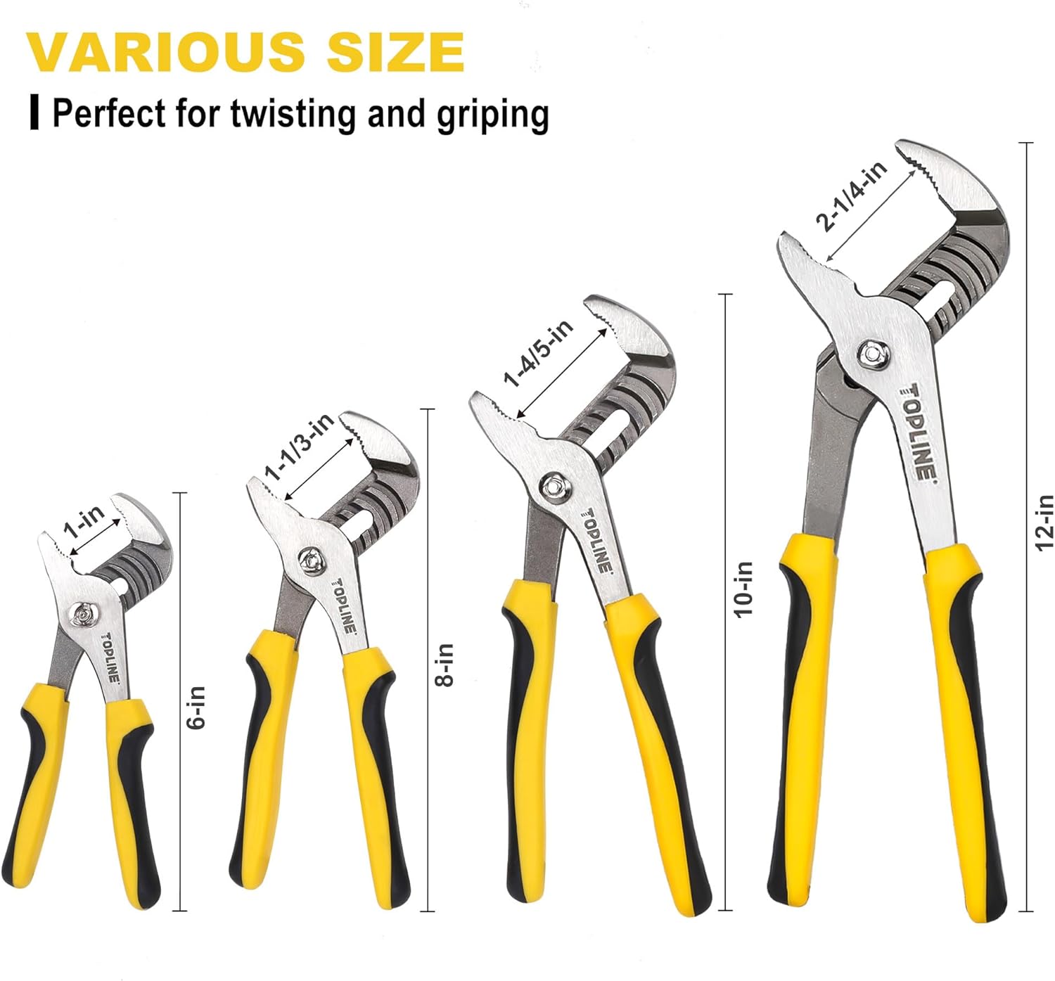 4-piece Groove Joint Pliers Set with Bi-Material Handles, Tongue and Groove Pliers Set Included 12-in, 10-in, 8-in