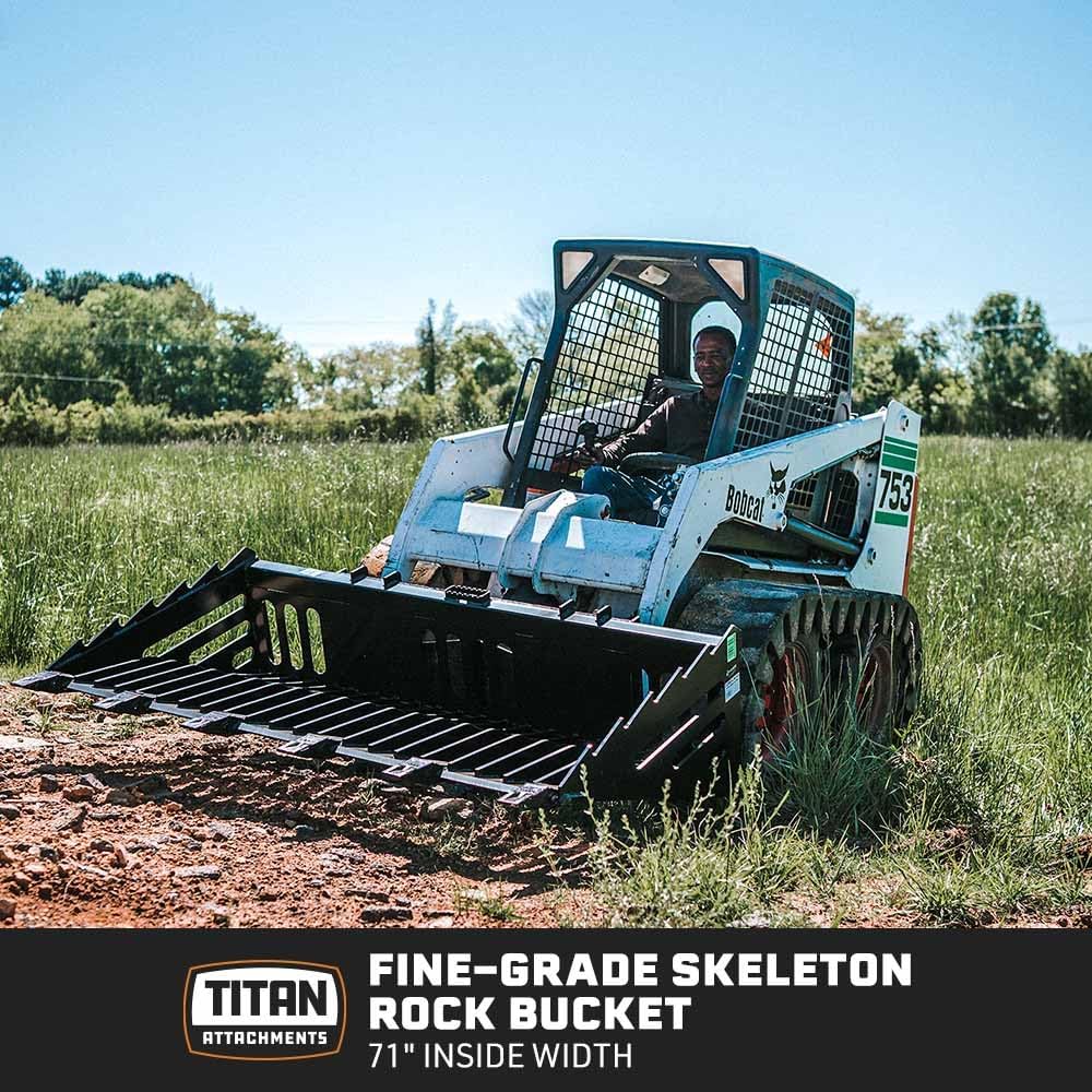 Titan Distributors Inc. 72-in Fine Grade Skeleton Rock Bucket with Teeth for Skid Steers and Tractors with Quick Tach