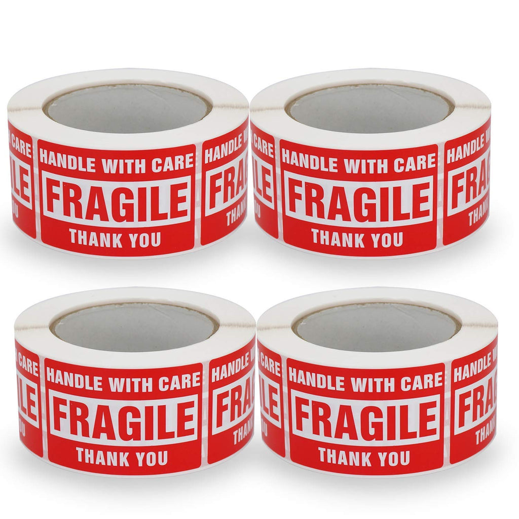 4 Rolls/2000 Labels,Handle with Care Fragile Thank You, Red Warning Shipping Label Stickers (2" x 3")