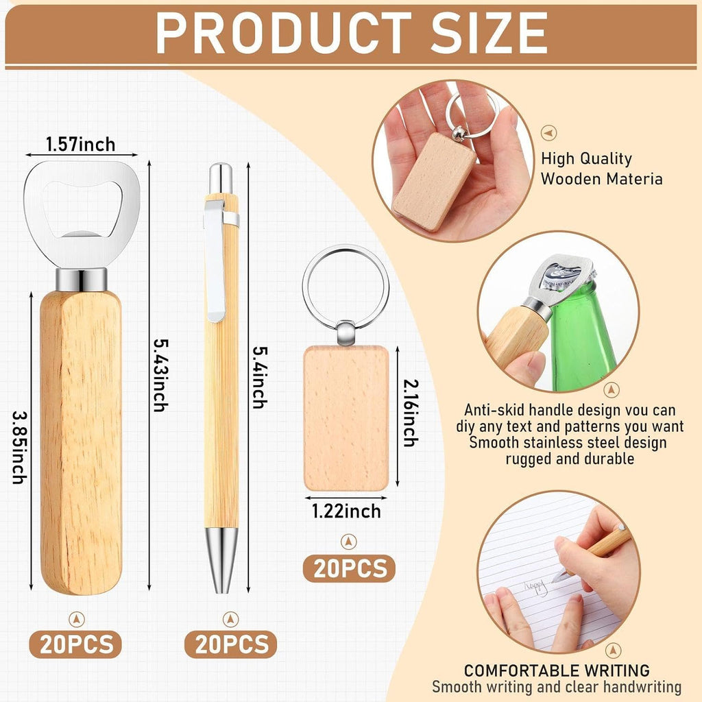 60 Pcs Laser Blanks Product Laser Engraving Material Kit Including DIY Wooden Blank Bottle Opener, Wooden Keychain