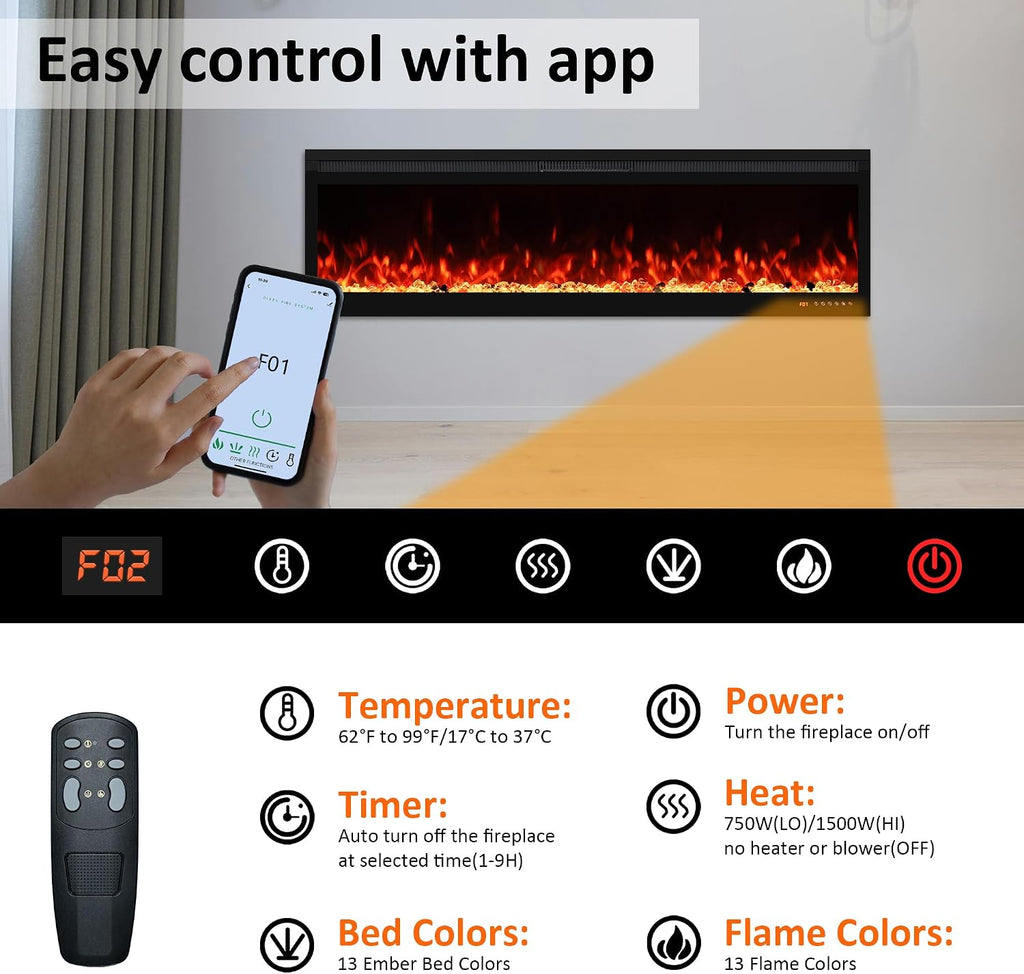 OxharkFlame 60in WiFi Electric Fireplace Insert Recessed WallMounted Heater | Smart Electric Fireplace Realistic
