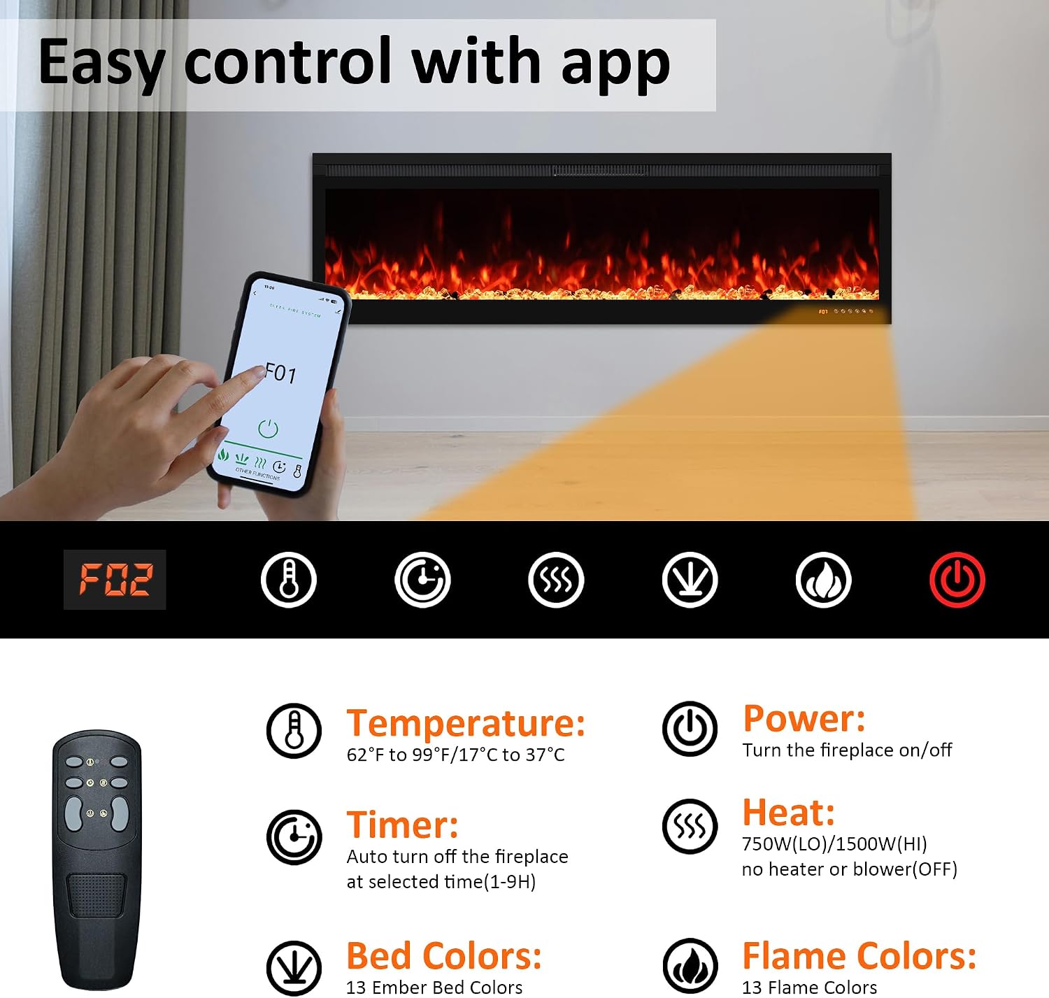 OxharkFlame 60in WiFi Electric Fireplace Insert Recessed WallMounted Heater | Smart Electric Fireplace Realistic