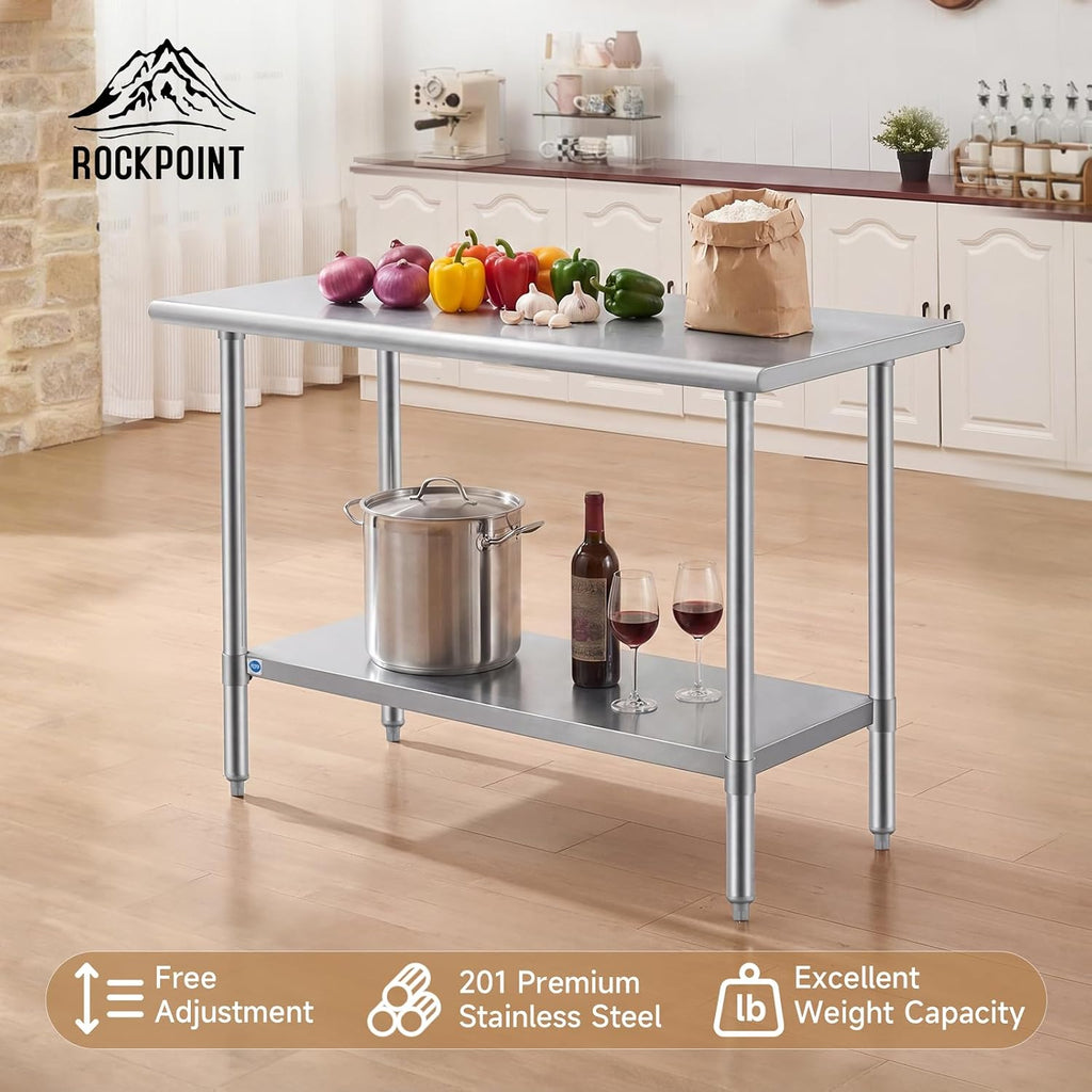 All Stainless Steel Table for Perp & Work 24x48 Inch,Commercial Heavy Duty Workbench with Stainless Legs & Adjustable