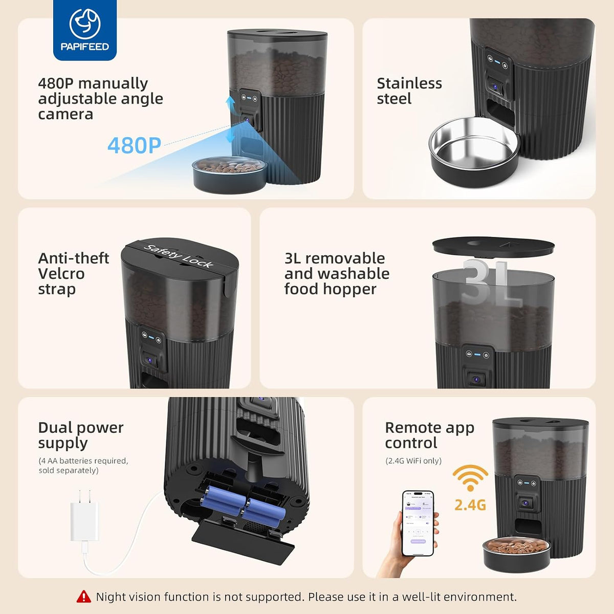 Automatic Cat Feeder with Camera, WiFi Auto Cat Feeder with App, 3L Slow-Feed Cat Food Dispenser for Dry Food, Dual