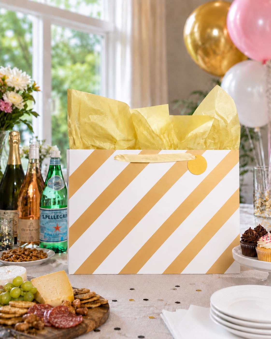 Large Gift Bags, White & Gold Design, Tissue Paper, 3 Pack