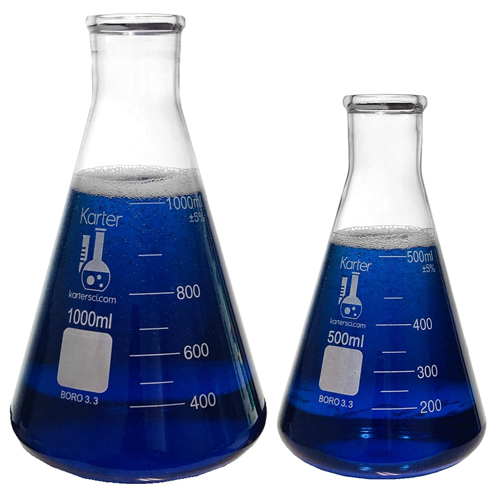Glass Flask 5 Piece Set, Narrow Mouth Erlenmeyer, Borosilicate 3.3 Glass - 50ml, 150ml, 250ml, 500ml, 1L, 213B2