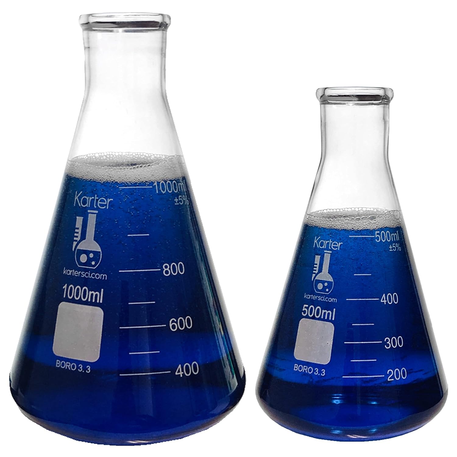 Glass Flask 5 Piece Set, Narrow Mouth Erlenmeyer, Borosilicate 3.3 Glass - 50ml, 150ml, 250ml, 500ml, 1L, 213B2