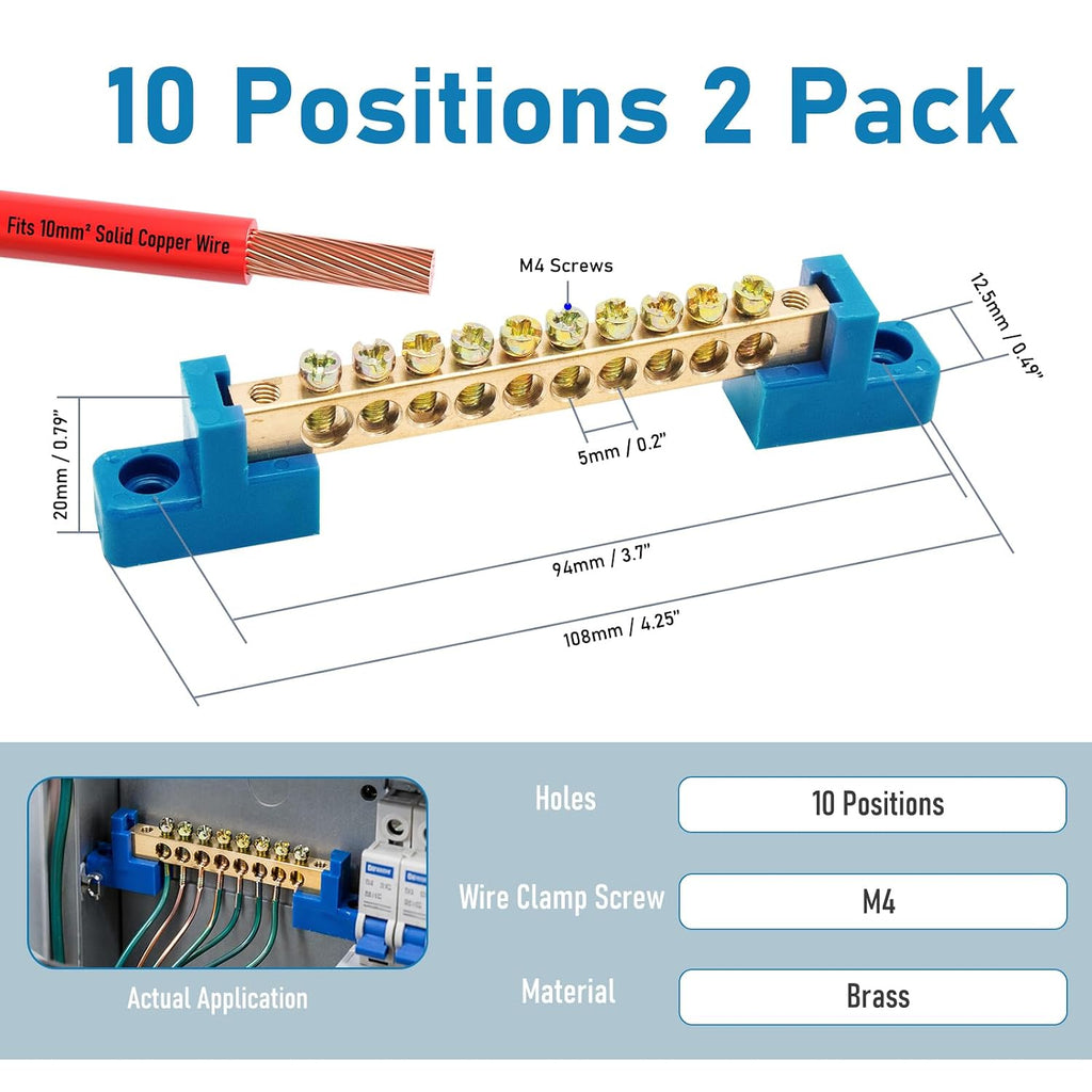 Grounding Bus Bar 10 Positions Brass Wire Screw Terminal Block