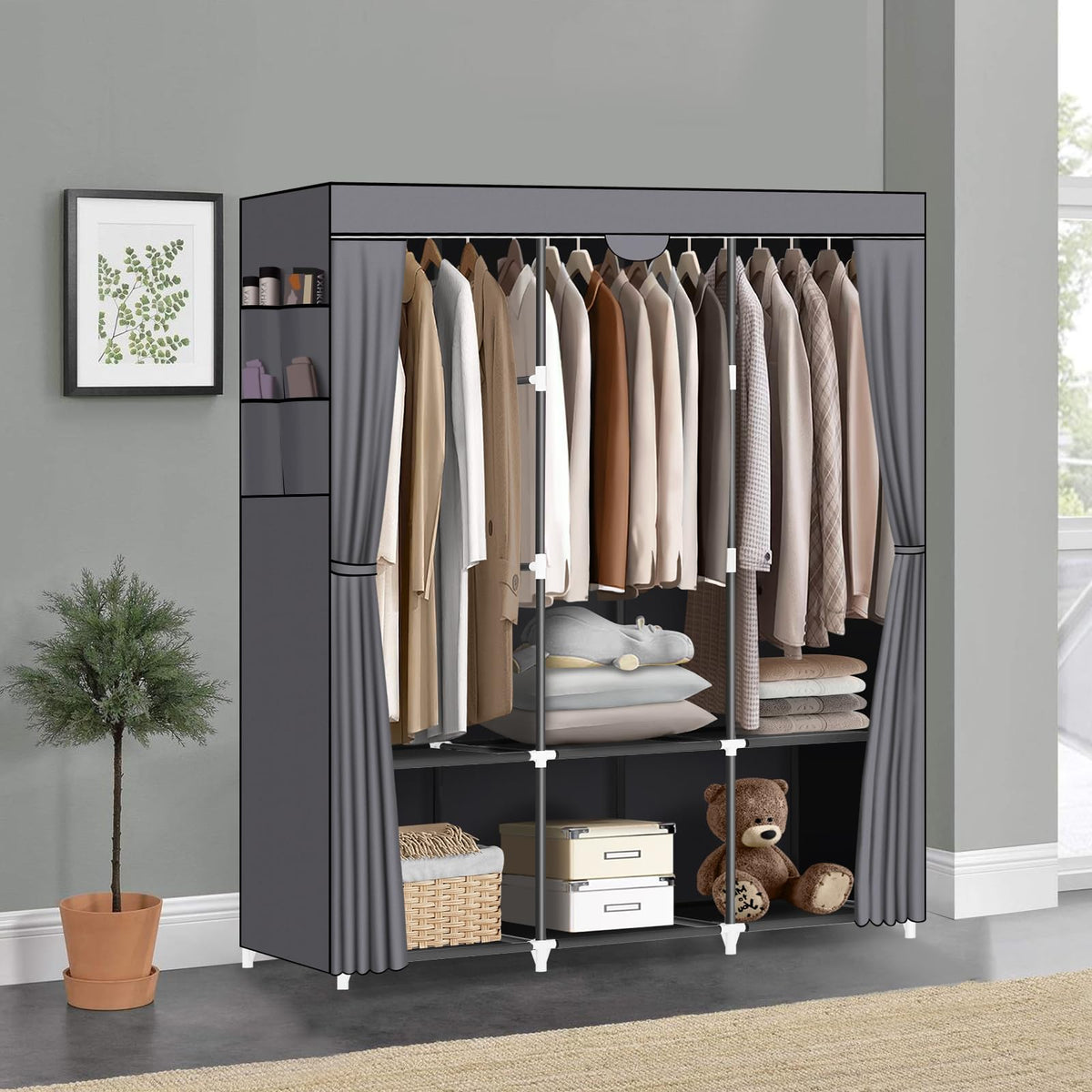 Portable Closet, Wardrobe Closet with 3 Hanging Rods and 6 Storage