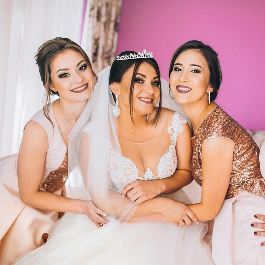 Wedding Tiara and Veil Set for Bride, Silver Bridal Crown with White Wedding Veil, Bridal Hair Accessories for