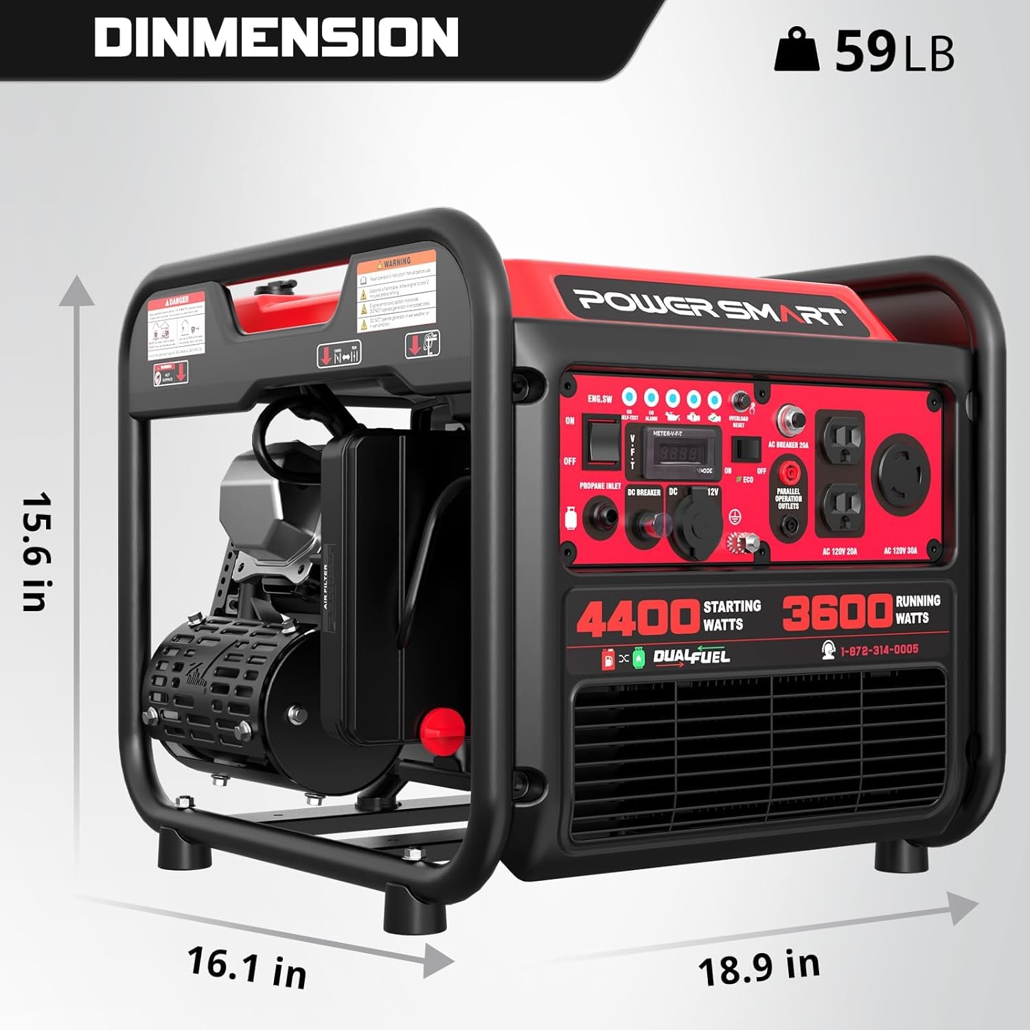 4400-Watt Dual Fuel Portable Inverter Generator, PowerSmart Gas Powered, CO-Sensor, Lightweight & Quiet for Home Use