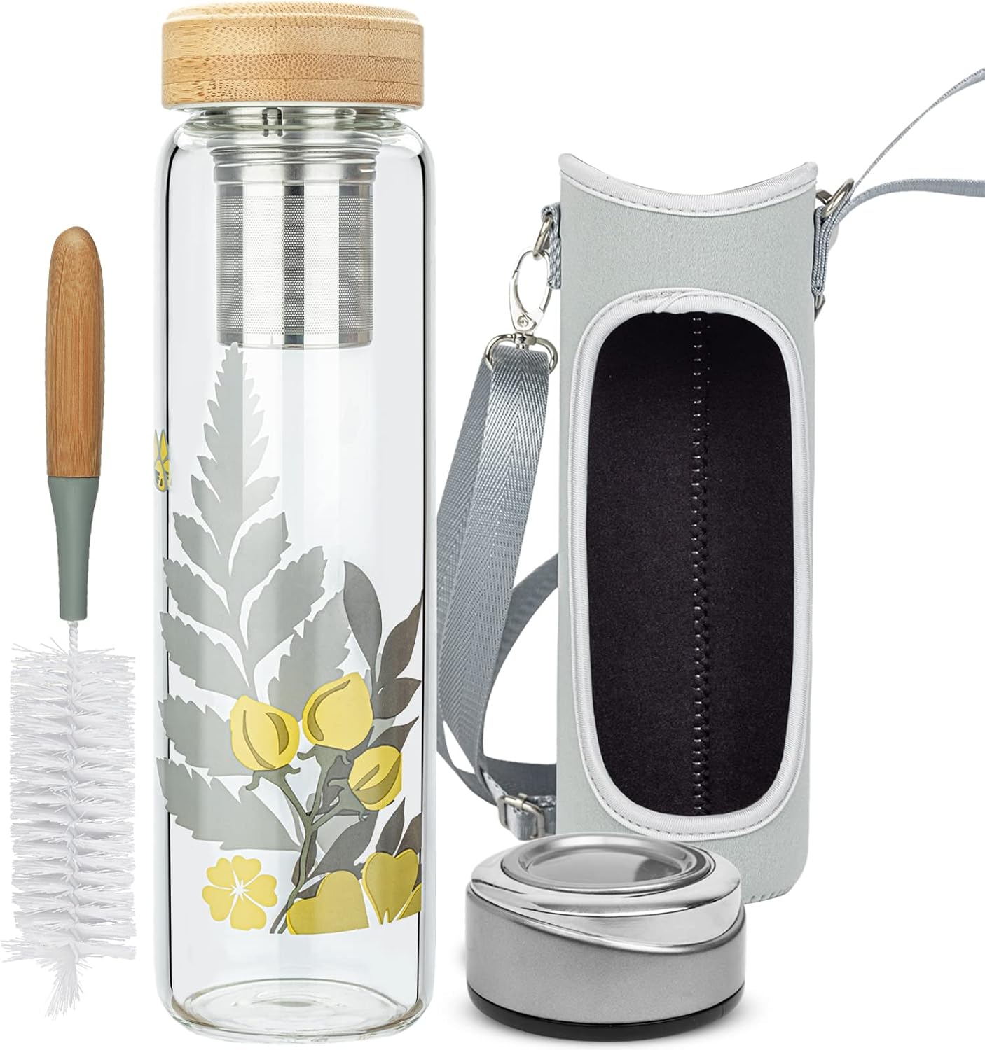 32oz Borosilicate Glass Water Bottle with Tea Infuser, Tea Tumbler with Strainer, Reusable Travel Mug with Sleeve & 2