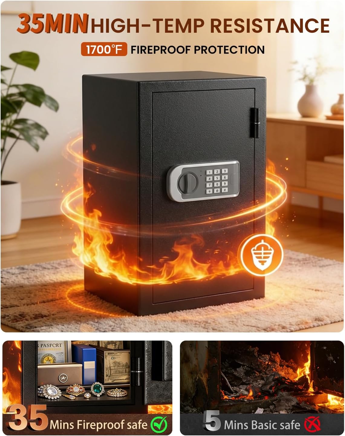 [2026 Upgraded] -35 Min Real Fireproof Safe-3.6 Cu Ft Large Safe for Home | Security Safe Box with Smart Alarm