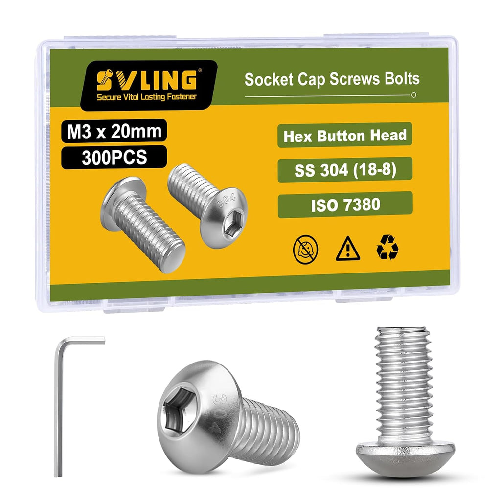 M3 x 20mm 300PCS Button Head Hex Socket Cap Screws Bolts, 304 Stainless Steel 18-8, Allen Hex Drive, Full Thread, Bright Finish, with Hex Spanner