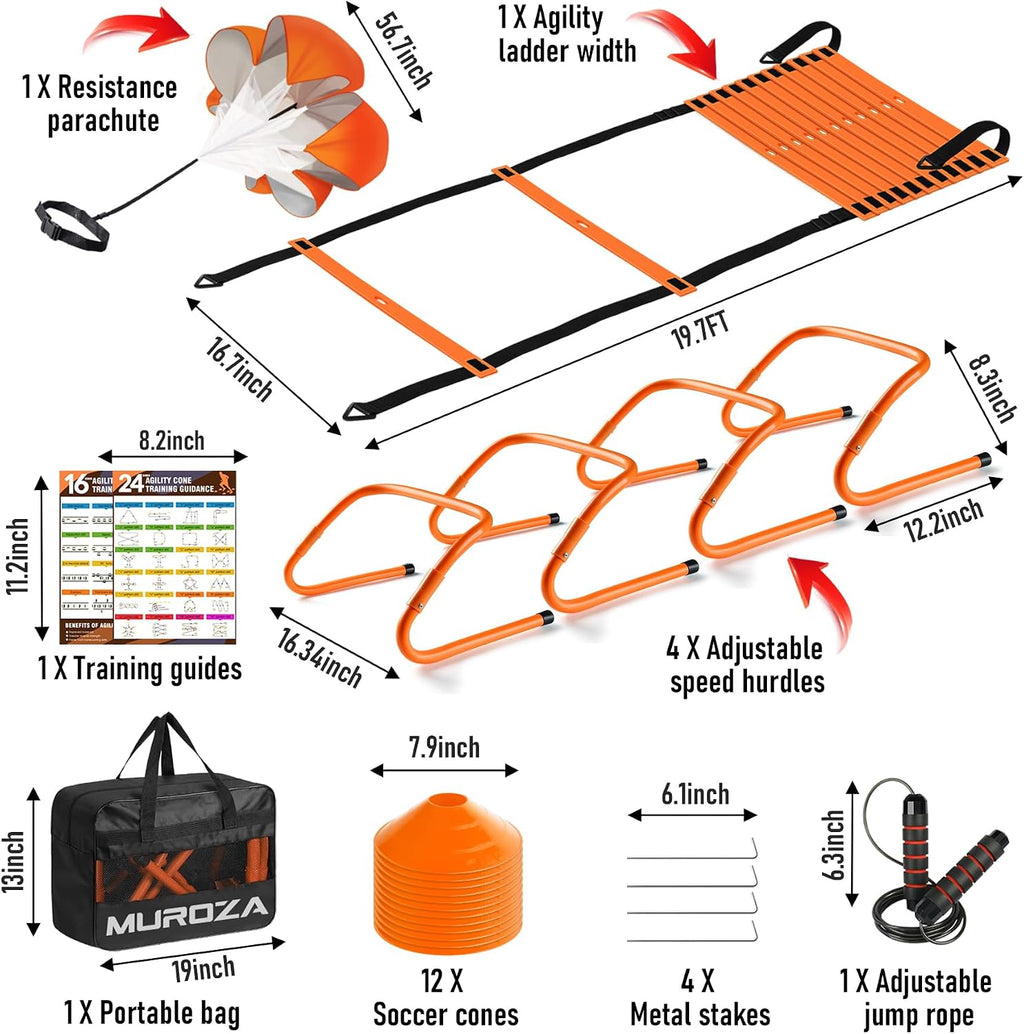 Agility Ladder, Agility Speed Training Equipment Set, 20ft Speed Ladder | 4 Hurdles, 12 Soccer Cones, Jump Rope