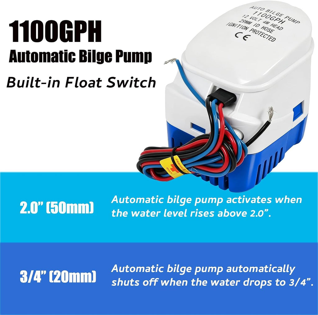 2pcs Automatic Bilge Pumps for Boats, 1100GPH 12V, w/Built-in Float Switch