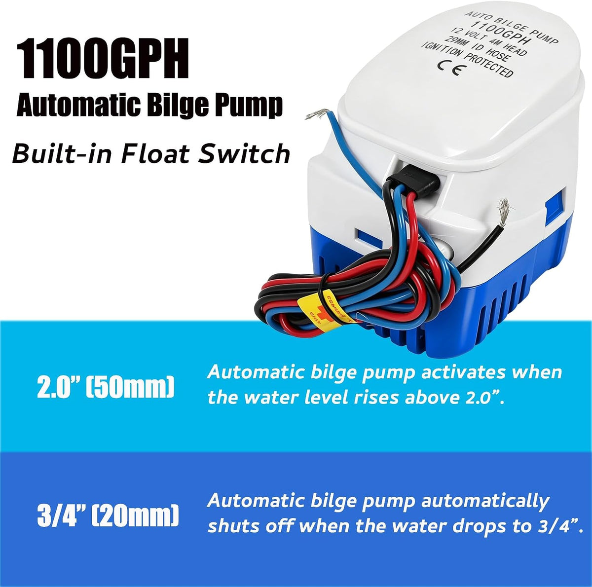 2pcs Automatic Bilge Pumps for Boats, 1100GPH 12V, w/Built-in Float Switch