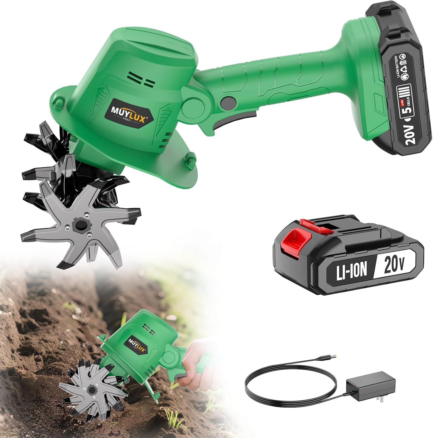 20V Cordless Tiller Cultivator for Gardening, Electric Garden Tiller with Only 1 x 2.0Ah Battery & Charger, Garden