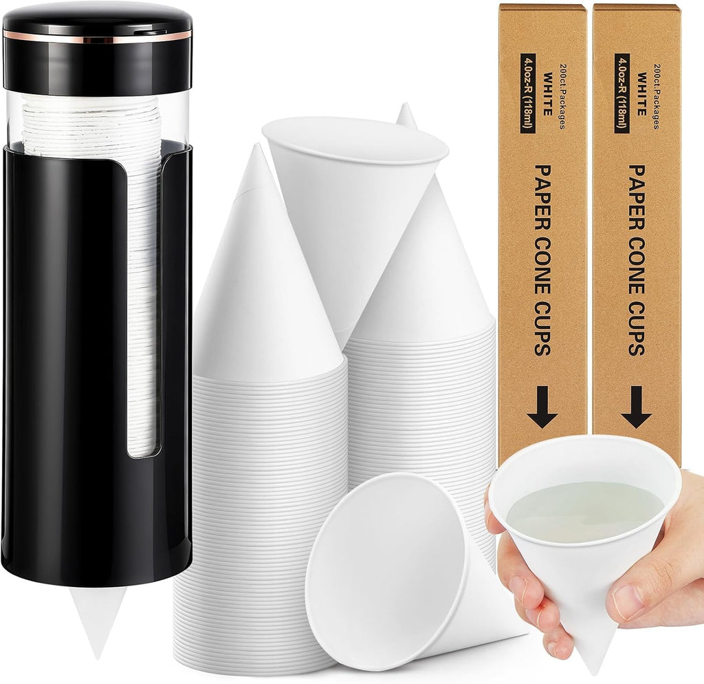 600 Pcs 4 oz Paper Cone Water Cups with Cup Dispenser, Black