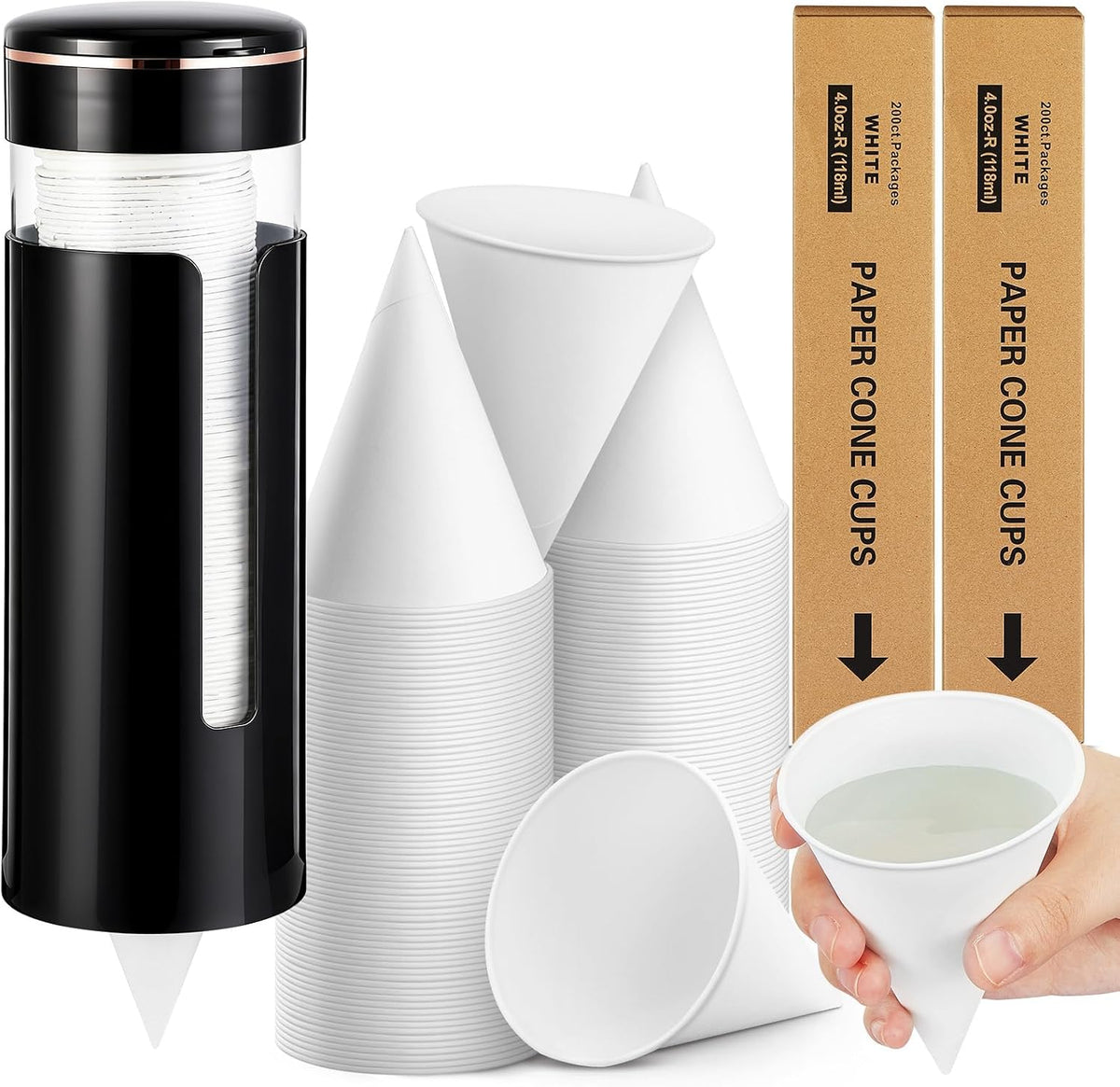 600 Pcs 4 oz Paper Cone Water Cups with Cup Dispenser, Black