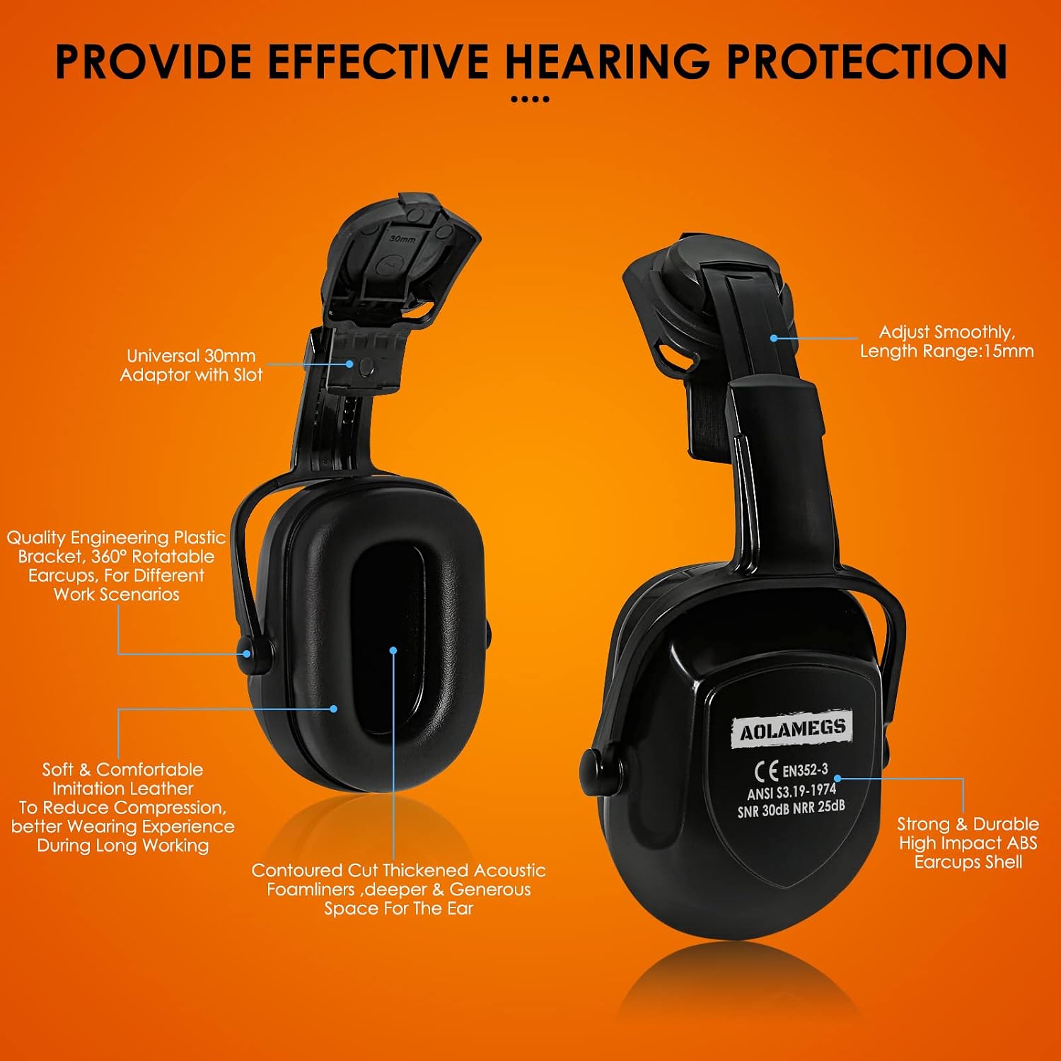 Hearing Protection Noise Cancelling Ear Muffs for Hard Hat | SNR 30dB,NRR 25dB Earmuffs Mount For Slotted Safety Work