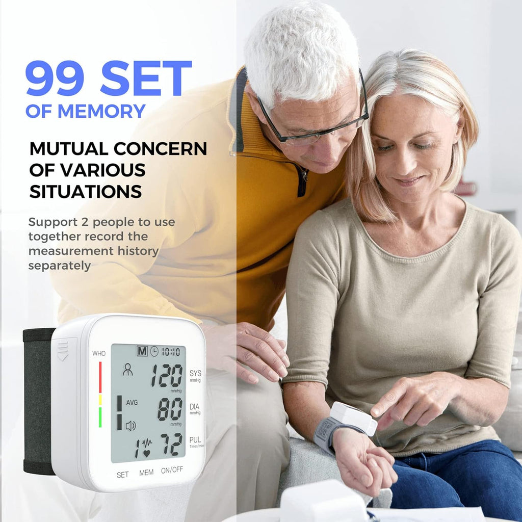 Wrist Blood Pressure Monitor Large LCD Display BP Machine Adjustable Cuff 5.31-7.68 inch Automatic 99x2 Sets Memory