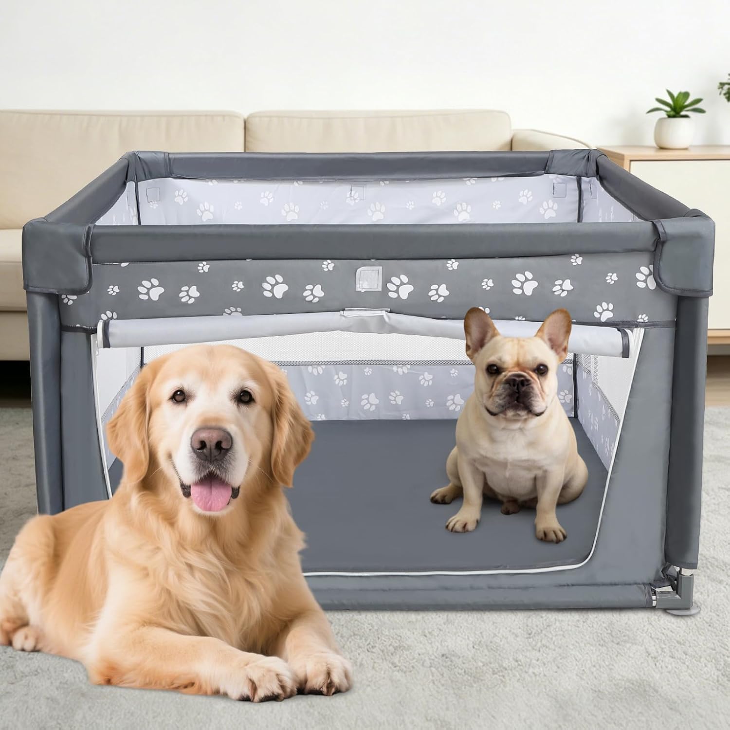 Dog Playpen Oxford Fabric Dog Fence,42x42x26 Inches,Steel Pipe,Breathable Mesh,Zipper Gate,Portable Indoor Outdoor
