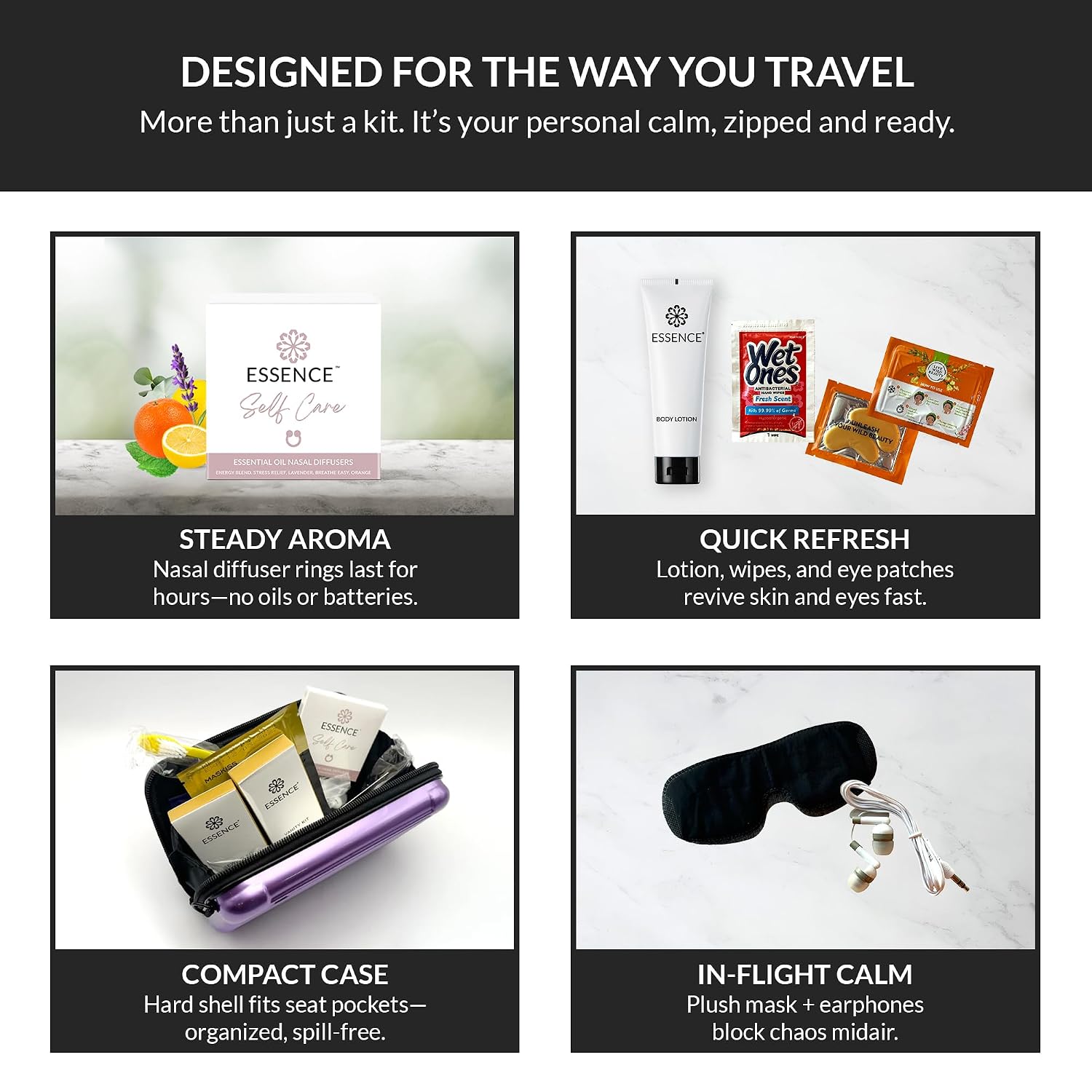 Essence Travel Amenity Kit | Travel Essentials & Travel Size Toiletries Kit | 5-Pack Nasal Diffuser Rings, Sleep