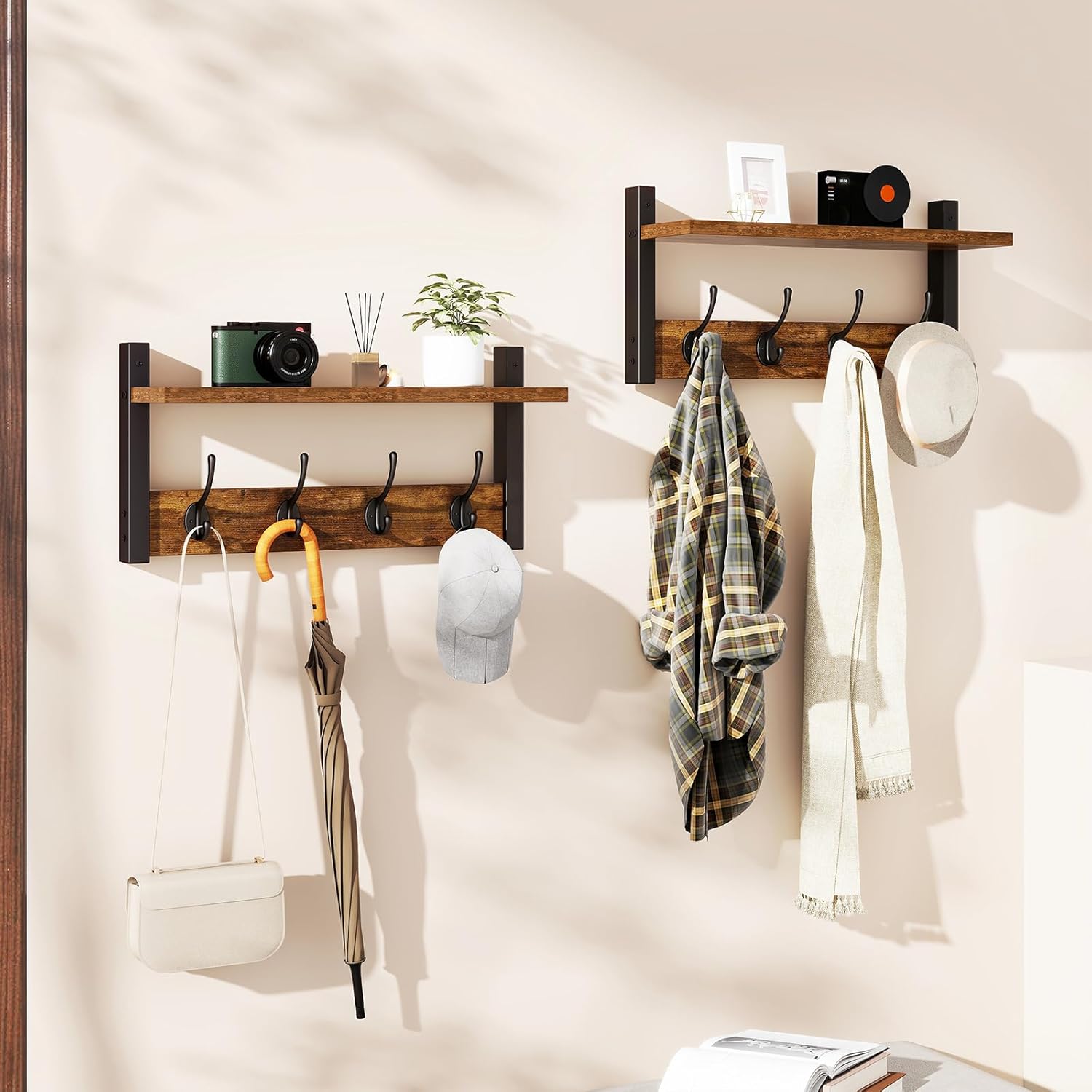 Coat Rack Shelf Wall Mounted, Coat Hooks Set of 2, Entryway Coat Hanger with 8 Hooks, 31.5" Wall Floating Shelf with