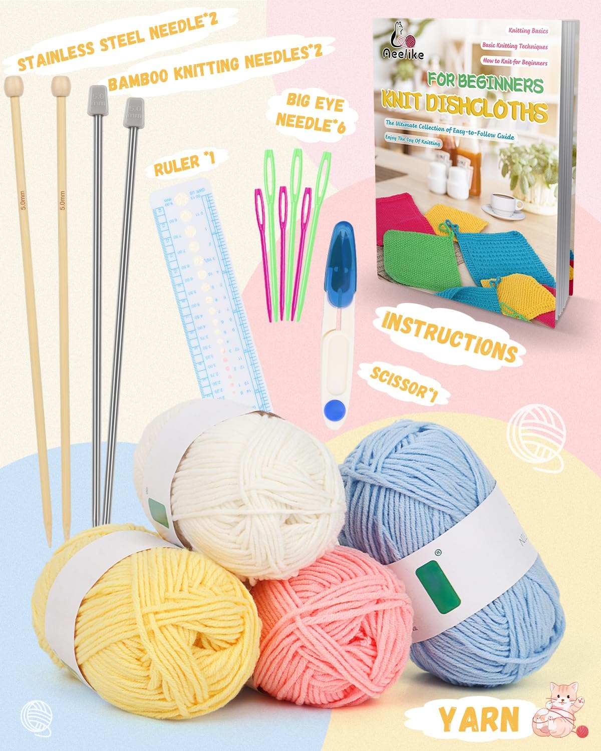 Knitting Kit for Beginners, Complete Beginner Knitting Kit Easy Knitting Set Including Knitting Needles Set Cotton