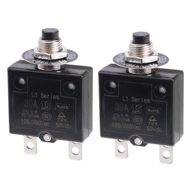 RKURCK Thermal Circuit Breaker 30 Amps, Thermal Overload Protector L1 Series 125-250V AC 50V DC Push Button Manual Reset Circuit Breaker 30A 2 Pcs