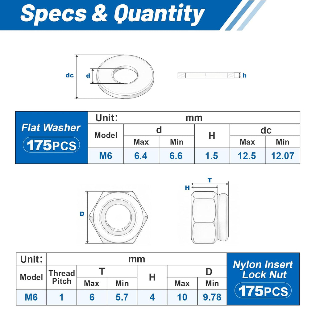M6-1.0 Lock Nut 350Pcs Stainless Steel Nylock Locking Nuts with Washer