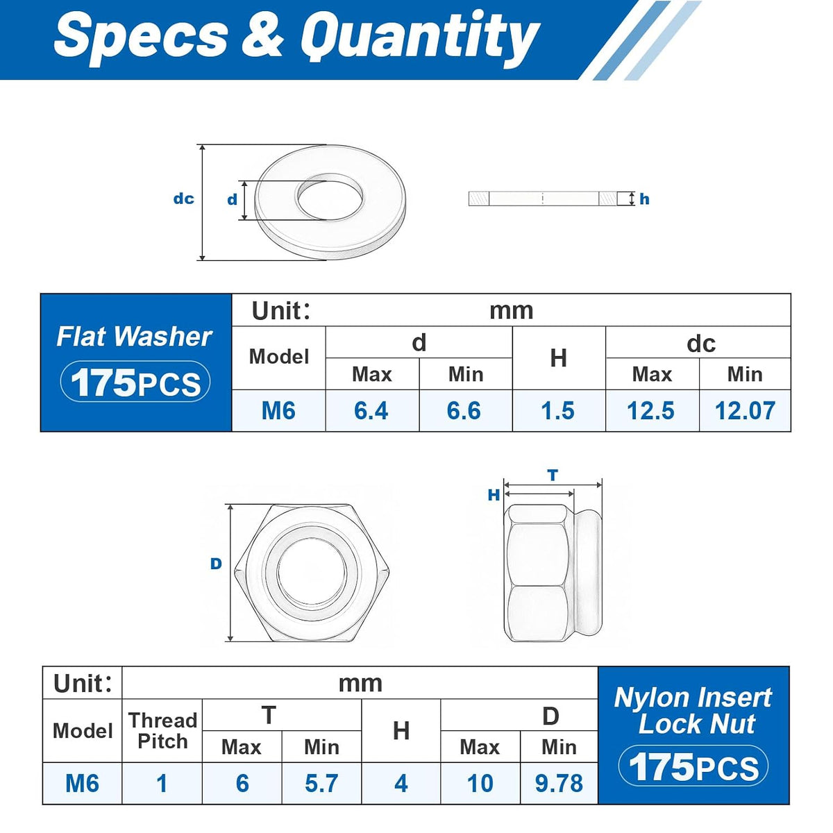 M6-1.0 Lock Nut 350Pcs Stainless Steel Nylock Locking Nuts with Washer